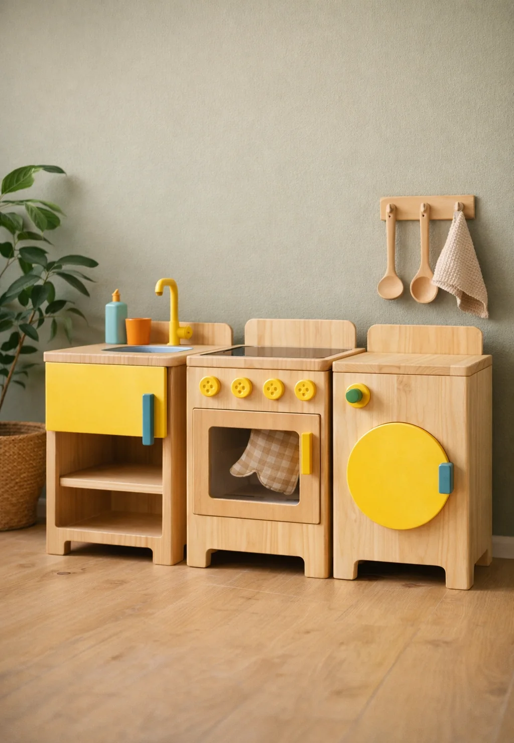 Mini cozinha montessoriana em madeira clara