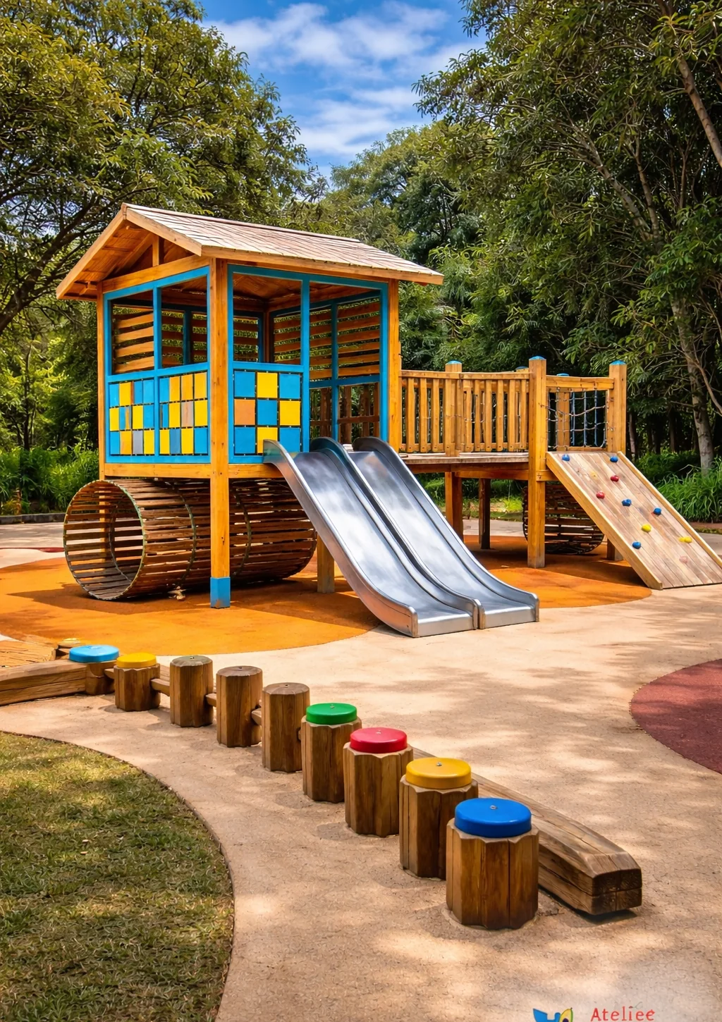 Playground premium em madeira com escorregador duplo e elementos de escalada